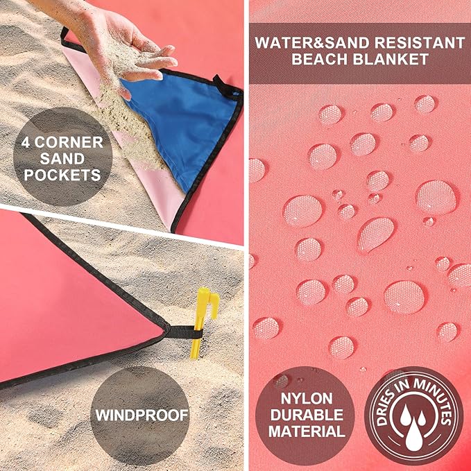 Beach Blanket Waterproof Sandproof Beach Mat 79" X 83"/10'x9'for 2-8 Adults Quick Drying Outdoor Picnic Mat Beach Accessories for Travel, Camping, Hiking