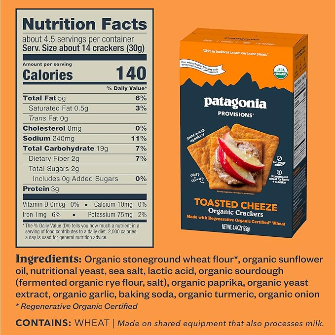 Patagonia Provisions Organic Toasted Cheeze Crackers (3 Pack) – 3g Plant Protein Per Serving – Made with Wheat Flour & Sea Salt – Non-GMO, No Added Sugar - Crispy & Crunchy