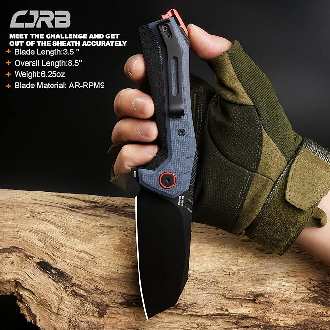 CJRB Tigris Tactical Knife, Pocket Knife with AR-RPM9 Powder Steel Black PVD Blade Black & Blue G10 Handle for EDC Camping Hunting (J1919)