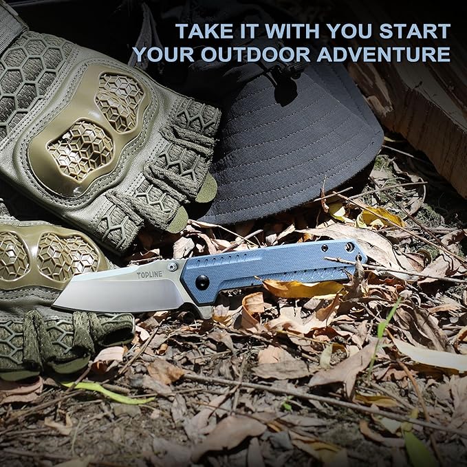 TOPLINE Folding Pocket Knife with G10 Handle, 14C28N Steel Blade Camping Folding Knife, Liner Lock, Portable Pocket Knife for Men, Women, Outdoor Users, Lightweight EDC Knife for Hunting, Survival, Blue