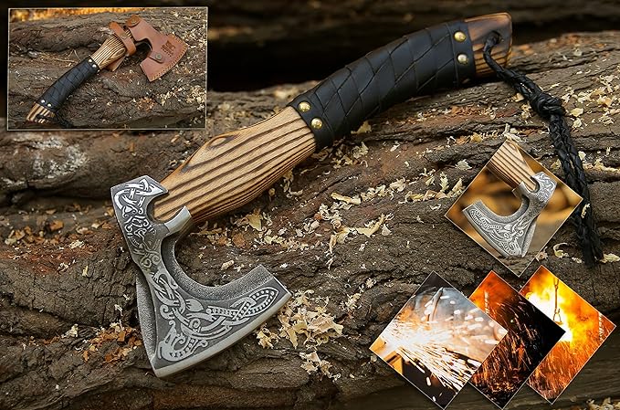 QEPAA CRAFTS® 13??Inch Hand-Forged Viking Axe-Rosewood Handle Hatchets and Axes, Wood Splitting Axe, Camping Axe,Viking Gift for Men (Medieval)
