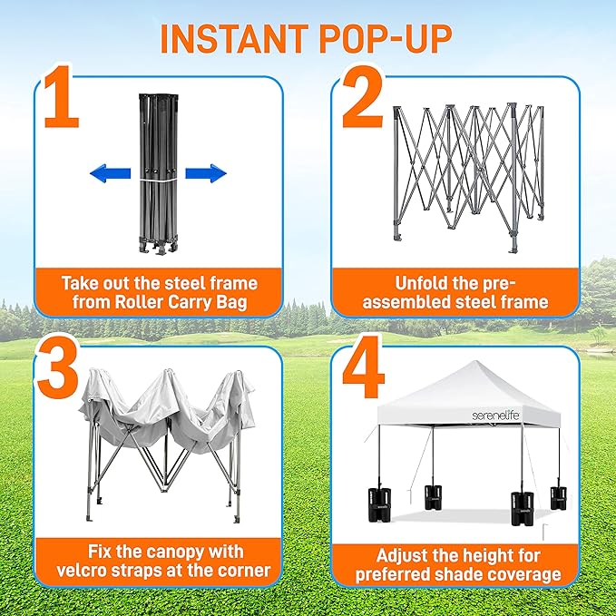 Pop Up Canopy Tent 10x10 - Commercial Instant Shelter Foldable/Collapsible Sun Shade Canopy Pop Up Tent w/Waterproof Tent Top, Portable Carry Bag & Sand Bag - SereneLife SLGZ10W (White)