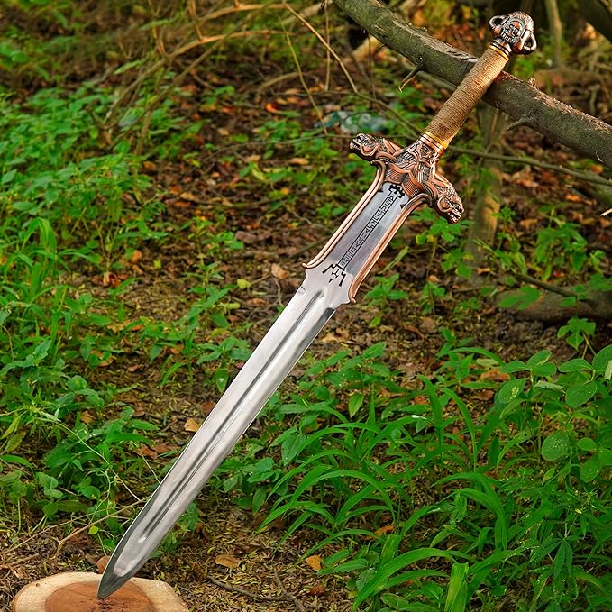 FORGE HIDE-Conan The Barbarian Sword – Real Full Tang Atlantean Swords | 1095 Carbon Steel, Bronze Fittings & Leather Sheath | Medieval Fantasy King Sword Prop | Gift for Him, Christmas, Viking Gifts
