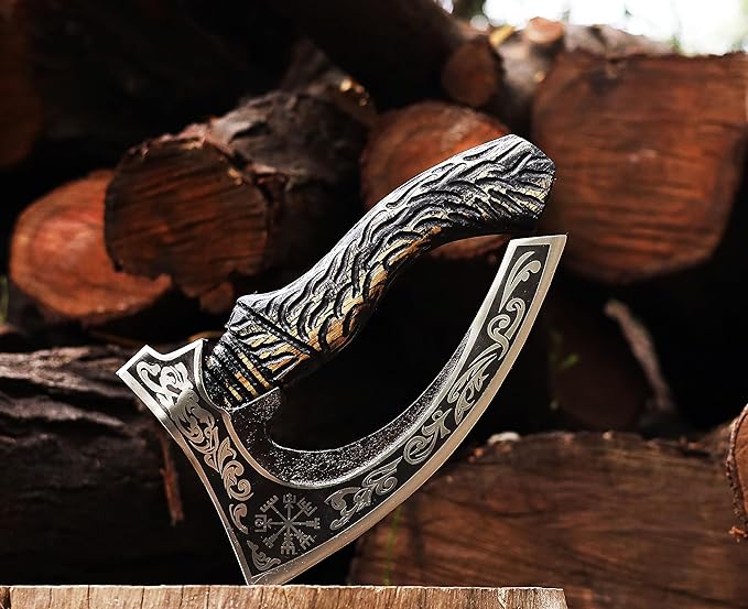 Viking Pizza Axe | Engraved Blade Pizza Cutter with Rosewood Handle & Leather Sheath | Norse Style Collectible Kitchen Tool & Gift for Pizza Lovers (WCA-027)