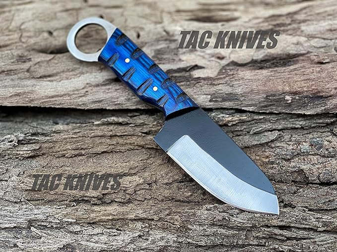 7'' Full Tang Fixed Blade Outdoor Camping Hunting Knife In Sheath Gift For Him | 1095 High Carbon Steel Knife | SKINNER Gift | Cowboy knives | Pancake leather sheath (BLUE)