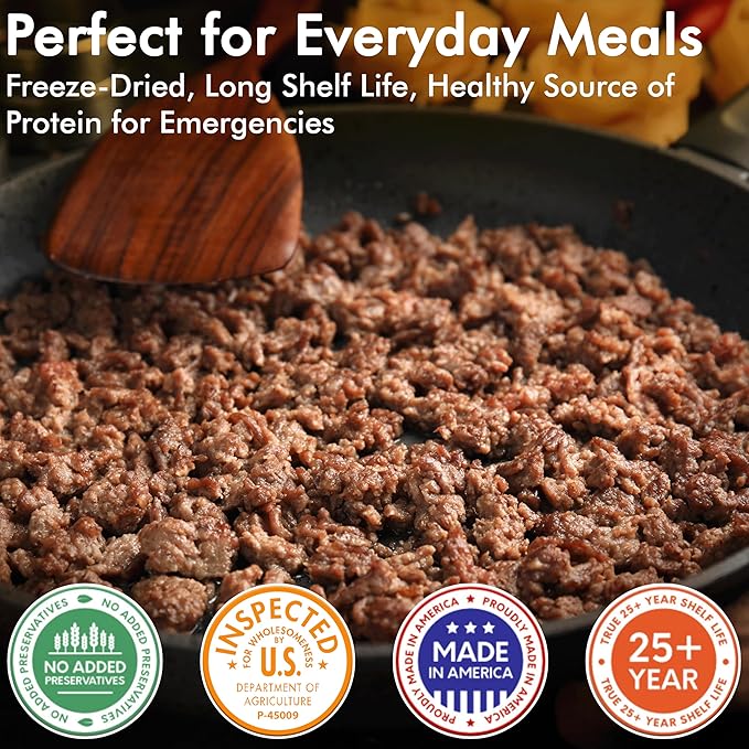 Numanna Freeze-Dried Seasoned Ground Beef Bucket 36 Servings | Over 25g Protein per Serving | Hamburger for Camping, Meal Prep, Pantry Staple, Emergency Survival Food | 25+ Year Shelf Life | USA Made