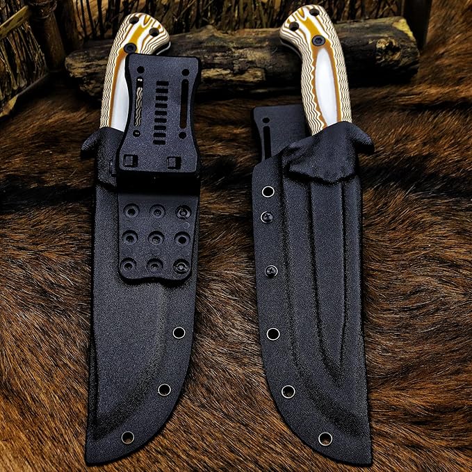BA-KOR 12.4in Full Tang Fixed Blade Hunting Knife ??6mm 9CR18MoV Steel, G10 Handle, Stonewashed Sawback Blade with Kydex Sheath & Fire Starter for Outdoor, Camping, Survival (White and brown stripes)