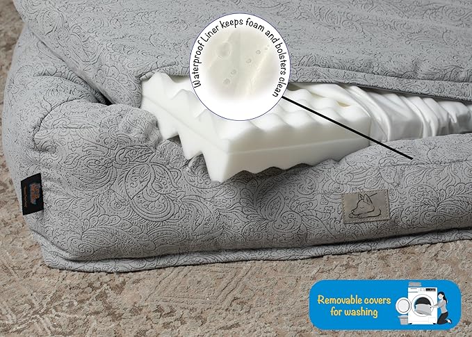 Furry's Paradise Foam Cuddler Waterproof Bolster Pet Bed with Reversible Cushion, Recycled Fibers and Non-Slip Bottom. (Gray Paisley, Orthopedic Medium)