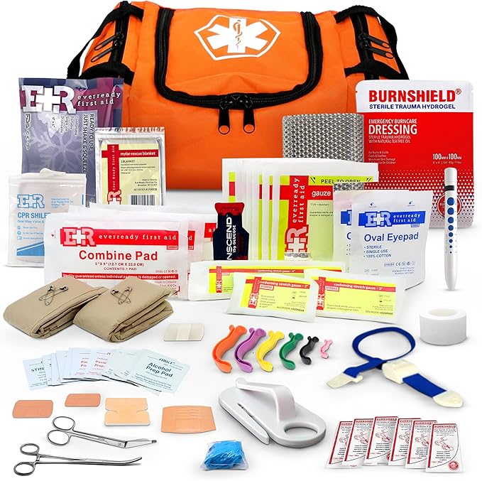 Fully Stocked Trauma First Aid Kit ??First Responder II Bag with Tools, Gauze, Bandages, Scissors & Gloves ??Compact & Portable ??OSHA and ANSI Compliant ??Orange