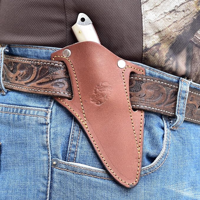 Knives Ranch EDC Hunting Knife - Carbon Steel Damascus - Bone Handle - Pancake Sheath (2001-B)