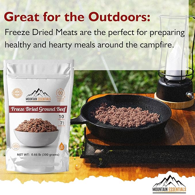 MOUNTAIN ESSENTIALS Freeze-Dried Ground Beef ??Pre-Cooked and Ready-to-Eat Hamburger Meat | Everyday Meal Prep, Emergency Food Supply, Camping and Survival Food | 10 Servings per Pouch | Made in USA | 7-Year Shelf Life | Pack of 1