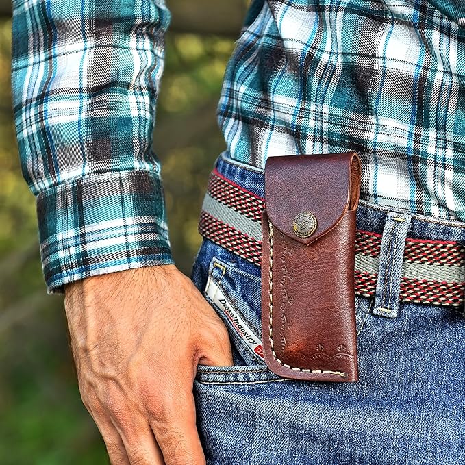 Handmade Damascus Folding Knife for Men with Burn Bone, 7.5 inch Pocket Knife with Sheath,Tactical Camping Knife with Liner Lock for Outdoor, Survival, Hunting, Fishing,