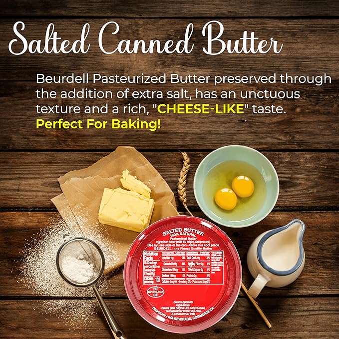Beurdell French Salted Real Canned Butter 100% Natural Pasteurized Butter A real butter from France | Great For Hurricane Preparedness Emergency Survival Kit Great For Cooking, Baking Pack of 12