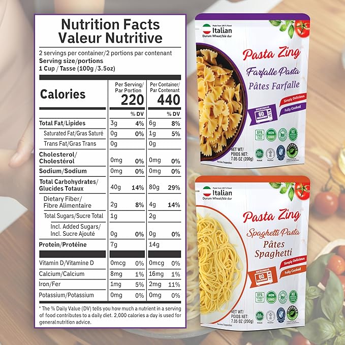 Pasta Zing Variety Pack Pasta – Ready to Eat Meals | 4x Spaghetti, 3x Farfalle | Vegan Microwave Pasta in 60 Sec | Ideal for Easy Dinner or Emergency Food | Made with Durum Wheat 7-Pack, 7.05 Oz Each