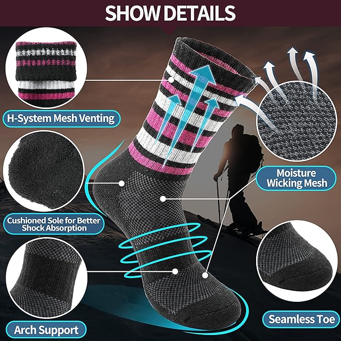 Anlisim Merino Wool Hiking Socks for Women Thermal Winter Warm Boot Work Cushion Socks 5 Pairs