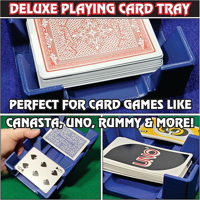 Deluxe Playing Card Tray or Caddy for Card Games Like Canasta, Rummy, UNO and More - Cardian Brand cardholder/Caddy with Felted Bottom - Non-Swivel - Made in USA (Blue)