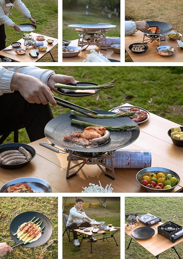 camping moon BBQ Grill Pan Dia 12.8-inch Round Griddle 3-Ply Composite Steel Nonstick Foldable Handle for Open Fire Gas Stove Outdoor & Indoor Use GRW-33F