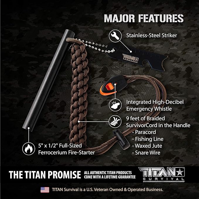 Titan SurvivorSteel Ferrocerium Fire-Starter v2.0, 5" x 1/2" Ferro-Rod with Steel Scraper, Patented SurvivorCord Handle, and Integrated High-Decibel Emergency Whistle.