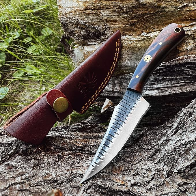 Titan International Knives Handmade Skinning Knife Carbon 1080 Steel | Fixed Blade Knife Color Coated Hand Pounded |Walnut Wood Handle with Leather Sheath | Perfect for Camping and Outdoor Activities