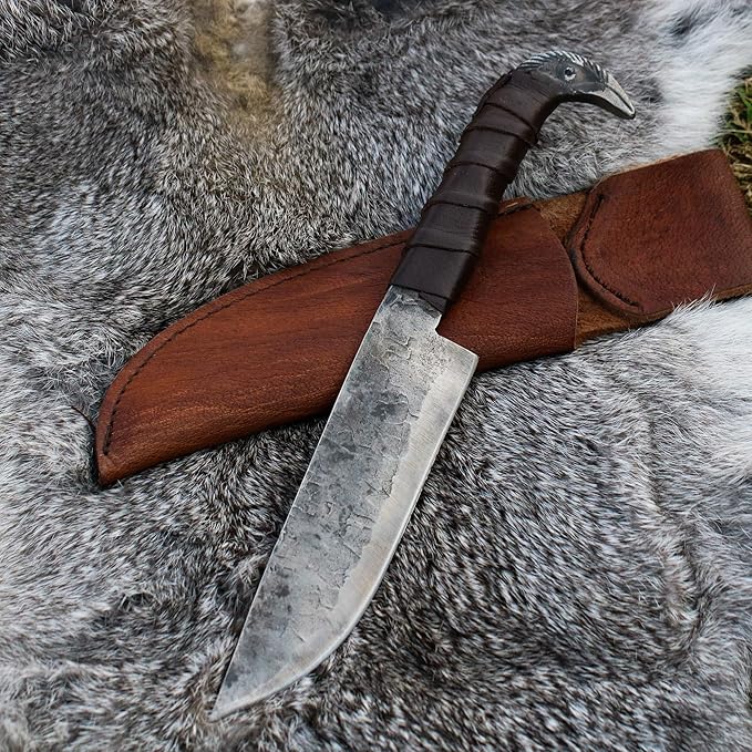 Odin's Raven Norse Viking-styled Knife 10.3" - Hand Forged 6.5" Carbon Steel Blade, Raven's Head Hilt and Leather Sheath - Unique Medieval Seax Style - Norse Knife for Hunting & Camping