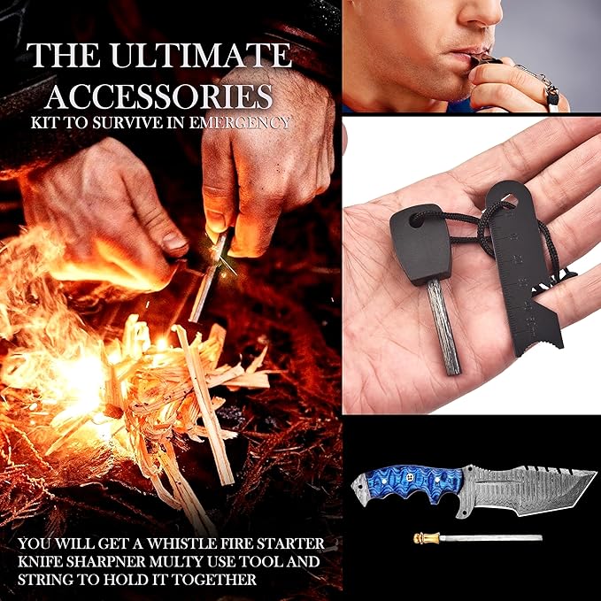 KIMPE 10.5?™â€?Damascus Hunting Knife with Leather Sheath-Fixed Blade EDC Knife-Bushcraft Knives-Wood Handle-Best Camping & Survival Knives-Knives for Men. (Pakka-Blue)