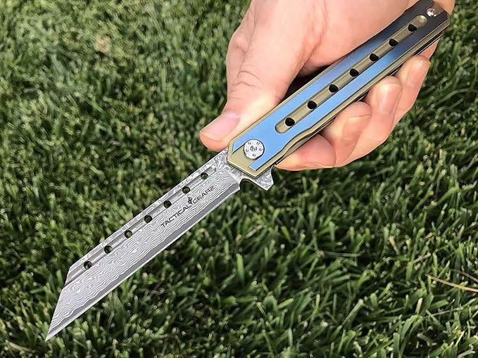 TACTICAL GEARZ Damascus Pocket Knife for EDC, Solid Titanium Handle, 67 Multi-Layered Damascus Steel VG10 Tanto Blade (Onyx XT Gold/Blue)