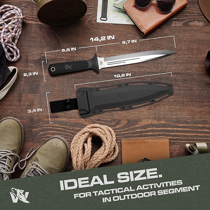 ODENWOLF W-Catcher Fixed Blade Knife with Sheath - Large Hunting-Knife made of D2 steel - Big Fixed Blade Knives with Non-Slip TPE Handle - Full Tang Survivalknife for Outdoor Activities