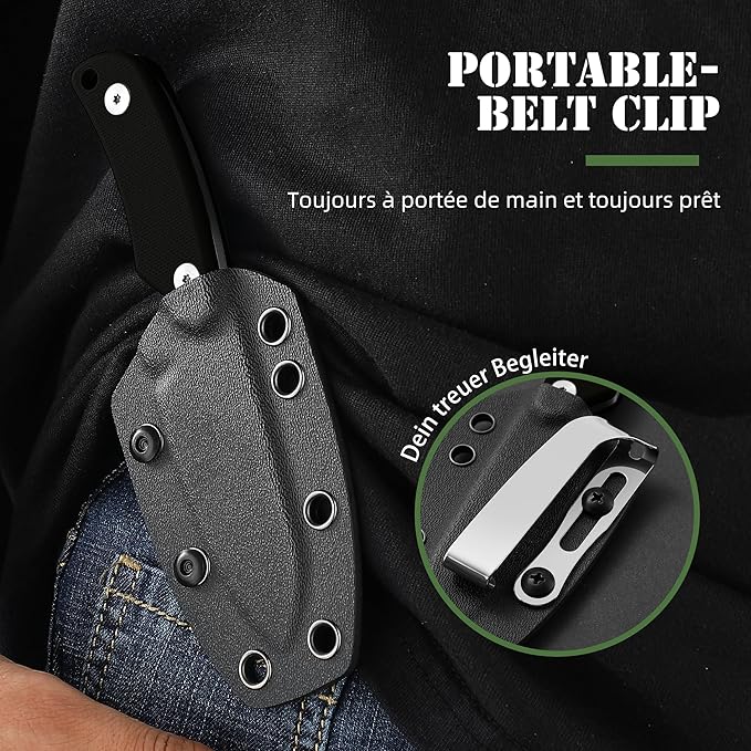 Omesio Neck Knife, 5.82" Fixed Blade Knife with Kydex Sheath and Necklance, Campact Full Tang Tactical Neck Knife with Clip, Nessmuk EDC Small Knife D2 Steel G10 Handle for Outdoor, Survival, Camping