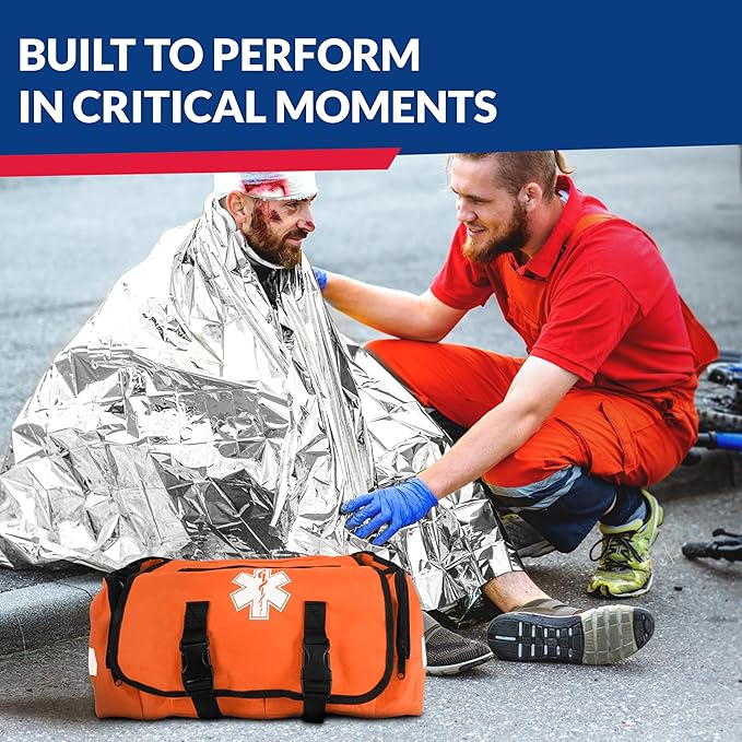 First Responder Trauma First Aid Kit Bag ??Fully Stocked Emergency Medical Kit for Workplace, Vehicle & Home ??OSHA & ANSI Compliant ??Portable ??Orange