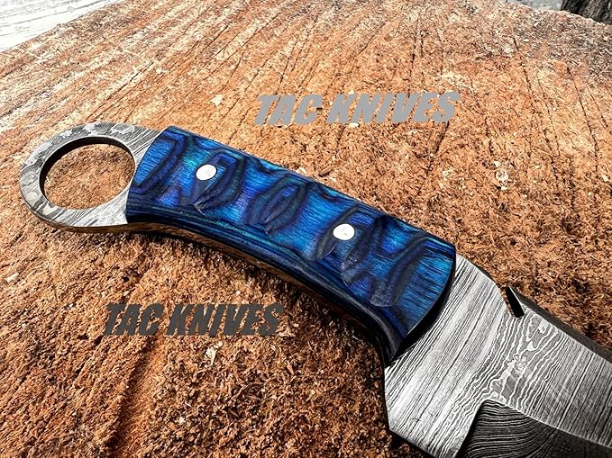 Bushcraft Survival Knife12T27 Damascus Steel Fixed Blade outdoor - Pakka Wood Handle - Pancake Leather Sheath - Traditional Field for Camping , Fishing, Hunting Knife, Men & Women - EDC Knife to Carry on Belt- (BLUE)