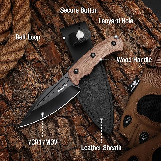Mossy Oak 8.5-inch Full-tang Fixed Blade Knife with Sheath, Stainless Steel Blade, Outdoor Knives for Survival, Camping, Hiking (G10 Handle-Brown)
