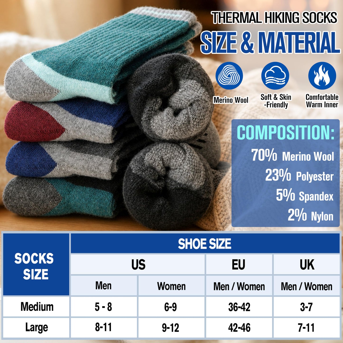 MOGGEI Merino Wool Hiking Socks for Men Warm Thermal Winter Cozy Work Crew Socks Gifts Stocking