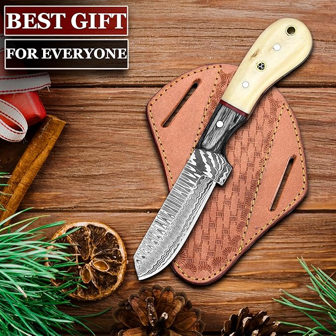 Cowboy Knives with Leather Sheath - 8??Sharp Handmade Damascus Bull Cutter Knife - EDC Fixed Blade Hunting Knife for Skinning, Camping, Bushcrafting and Outdoor Activities, white