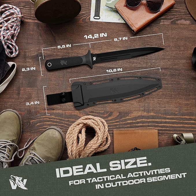 ODENWOLF W-Catcher Fixed Blade Knife with Sheath - Large Hunting-Knife made of D2 steel - Big Fixed Blade Knives with Non-Slip TPE Handle - Full Tang Survivalknife for Outdoor Activities