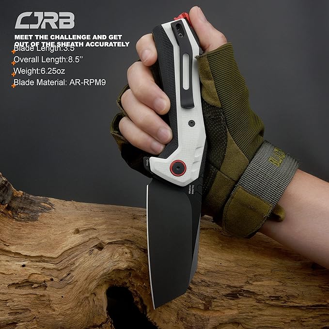 CJRB Tigris Pocket Knife, Folding Knife with AR-RPM9 Powder Steel Black PVD Blade Black & White G10 Handle for EDC Camping Hunting (J1919)