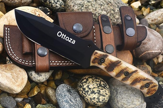 Ottoza Fixed Blade Hunting Knife with Leather Sheath and Horizontal Carry - Full Tang Outdoor Survival and Camping Knife for Men - Ram Horn Handle 353