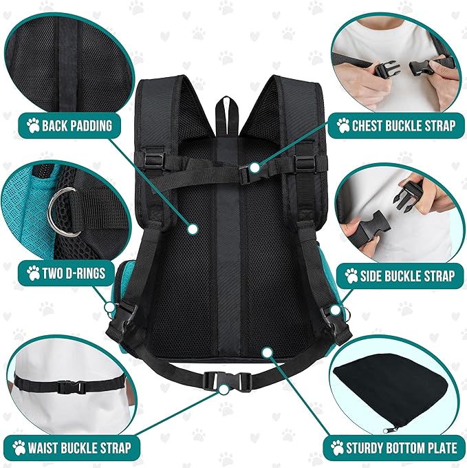 PetAmi Front Carrier Backpack, Ventilated Adjustable Pet Chest Carrier for Dog Cat, Hiking Camping Travel, Small Puppy Medium Cat Carrying Bag, Max 10 lb, Sea Blue