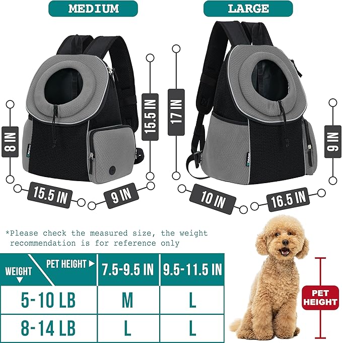 PetAmi Front Carrier Backpack for Dogs and Cats - Ventilated Adjustable Pet Chest Carrier for Hiking, Camping, Travel - Small to Medium Pets Up to 10 lbs - Grey