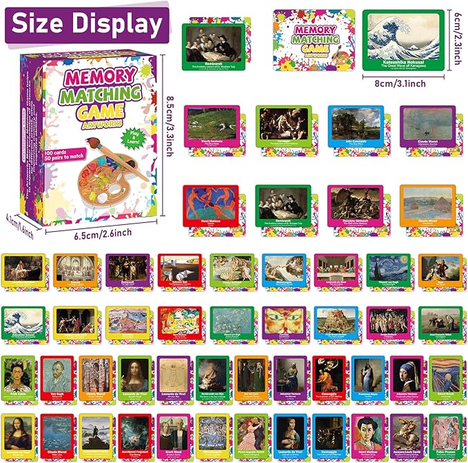 gisgfim 50 Pairs Memory Matching Game Famous Paintings Concentration Memory Card for Adults Learning Educational Game A Fun & Fast Artworks Theme Matching Games