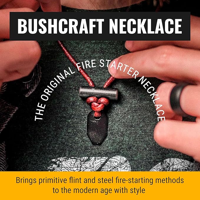 The Bushcraft - Original Fire Starter Necklace for Men, Handcrafted In USA, Weatherproof Fire Starting Necklace with Adjustable Leather Knot Design, Ideal for Traveling, Everyday Carry & Adventures
