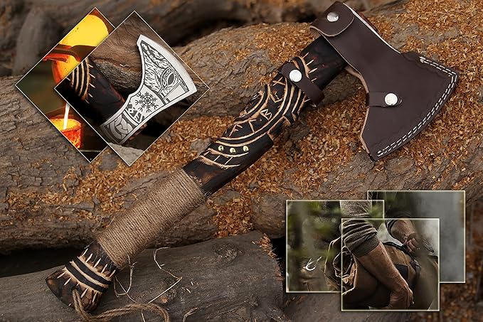 19” Hand Forged Viking Axe- Rose Wood Shaft Engraved Carbon Steel Bearded Axe for Camping- Viking Gift for Men(Norse Viking Axe)