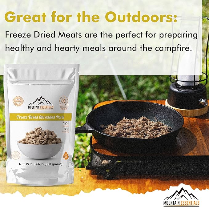MOUNTAIN ESSENTIALS Freeze-Dried Shredded Pork ??Fully Cooked, Ready-to-Eat Meat | 10 Servings per Pouch | 7-Year Shelf Life | Ideal for Daily Meals, Camping, Emergency Preparedness & Survival | Made in USA | Pack of 1