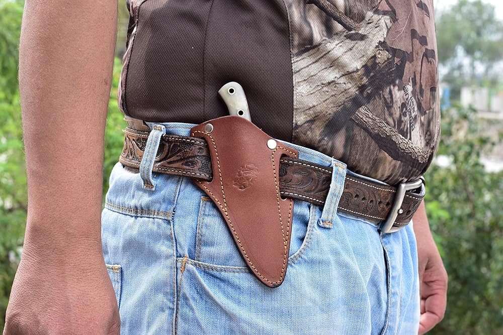Knives Ranch Fixed Blade EDC Knife with Pancake Sheath ??Small Hunting Knife ??Damascus Skinning Knife ??Cowboy Knife with Leather Sheath - Cattle Bone Handle - Leather Sheath Snug Fit (3112-B)