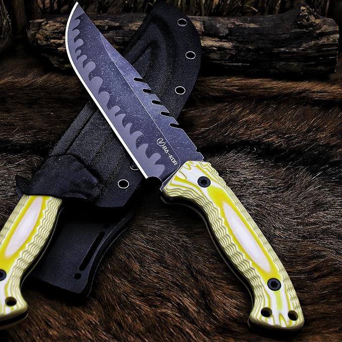 BA-KOR 12.4in Full Tang Fixed Blade Hunting Knife ??6mm 9CR18MoV Steel, G10 Handle, Stonewashed Sawback Blade with Kydex Sheath & Fire Starter for Outdoor, Camping, Survival (White and yellow stripes)