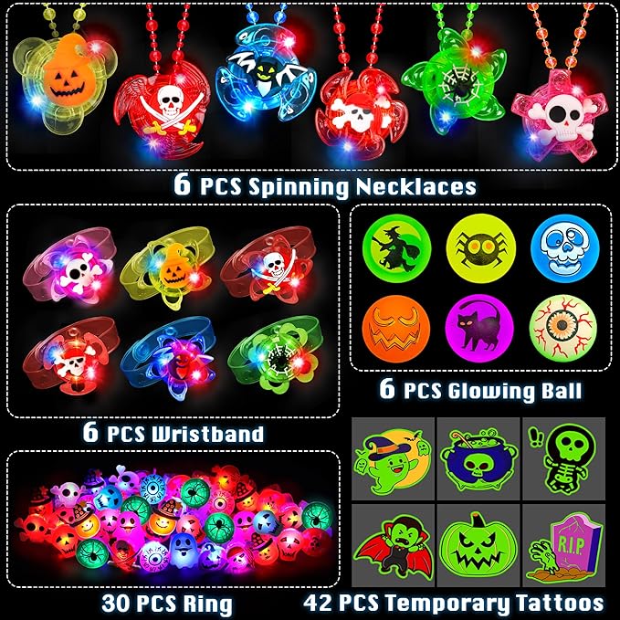 90 PCS Halloween Party Favors for Kids, Glow in The Dark Halloween Toys Bulk Light Up Necklace Bracelet LED Rings Halloween Goodie Bag Fillers Treats for Classroom Prizes Trick or Treat Gift