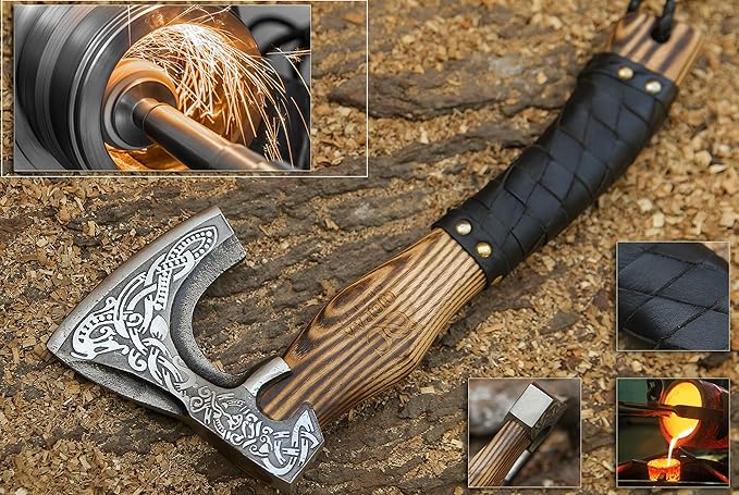 QEPAA CRAFTS® 13??Inch Hand-Forged Viking Axe-Rosewood Handle Hatchets and Axes, Wood Splitting Axe, Camping Axe,Viking Gift for Men (Medieval)