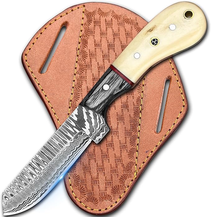 Cowboy Knives with Leather Sheath - 8??Sharp Handmade Damascus Bull Cutter Knife - EDC Fixed Blade Hunting Knife for Skinning, Camping, Bushcrafting and Outdoor Activities, white