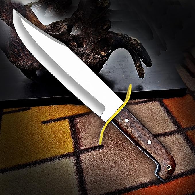 Large Bowie Knife with Leather Sheath Fixed Blade Hunting Knife D2 Steel with Leather for Outdoor Camping