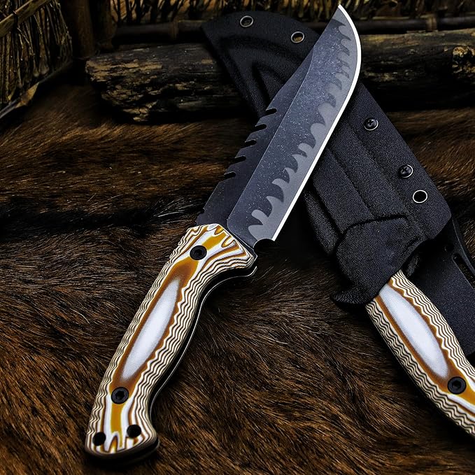 BA-KOR 12.4in Full Tang Fixed Blade Hunting Knife ??6mm 9CR18MoV Steel, G10 Handle, Stonewashed Sawback Blade with Kydex Sheath & Fire Starter for Outdoor, Camping, Survival (White and brown stripes)