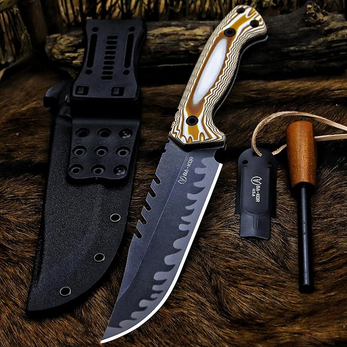 BA-KOR 12.4in Full Tang Fixed Blade Hunting Knife ??6mm 9CR18MoV Steel, G10 Handle, Stonewashed Sawback Blade with Kydex Sheath & Fire Starter for Outdoor, Camping, Survival (White and brown stripes)